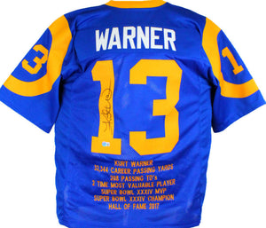 Kurt Warner Autographed Blue/Yellow Pro Style STAT Jersey-Beckett W Hologram