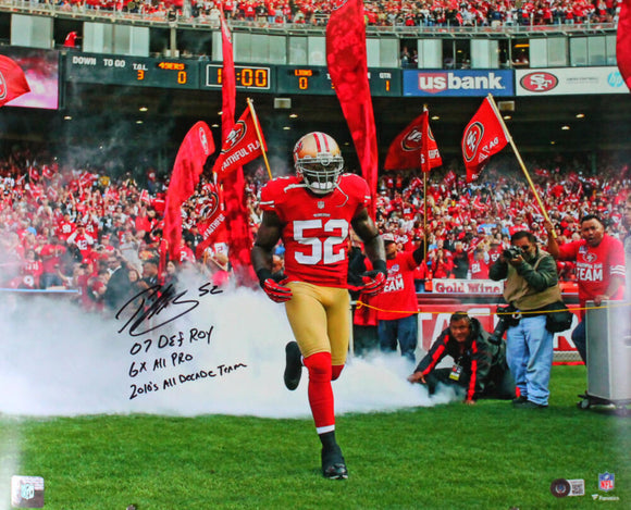 Patrick Willis Autographed SF 49ers Running 16x20 Photo w/3 Insc.-Beckett W Holo