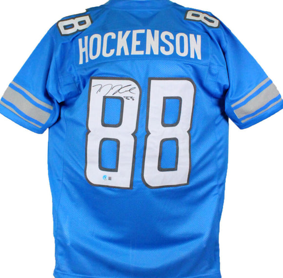 TJ Hockenson Autographed Blue Dbl. Stich Pro Style Jersey *L8- Beckett W Holo