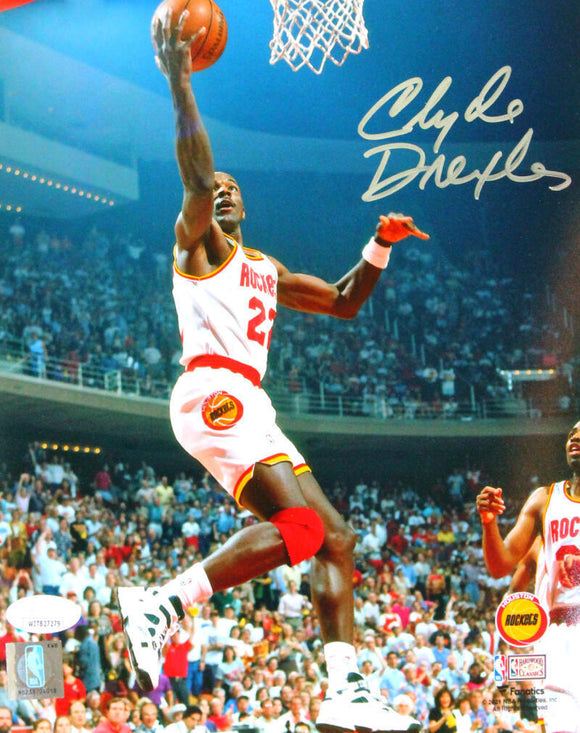 Clyde Drexler Autographed Houston Rockets 8x10 Lay Up Photo- JSA W *Silver