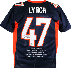 John Lynch Autographed Blue Pro Style STAT Jersey- Beckett W Hologram *Black