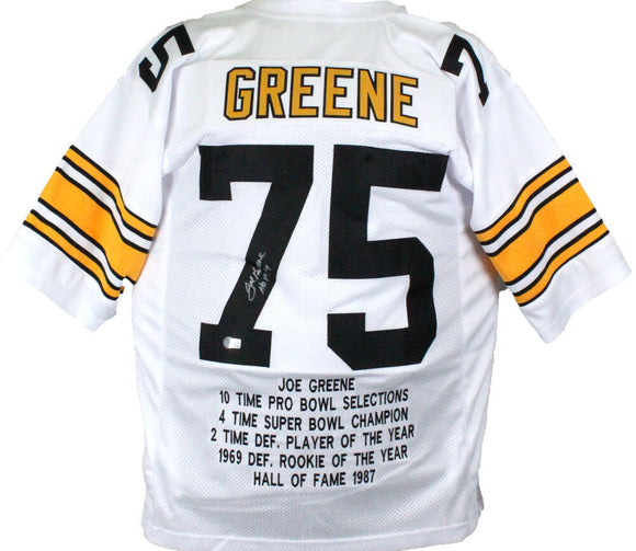 Joe Greene Autographed White Pro Style STAT Jersey w/ HOF-Beckett W Hologram