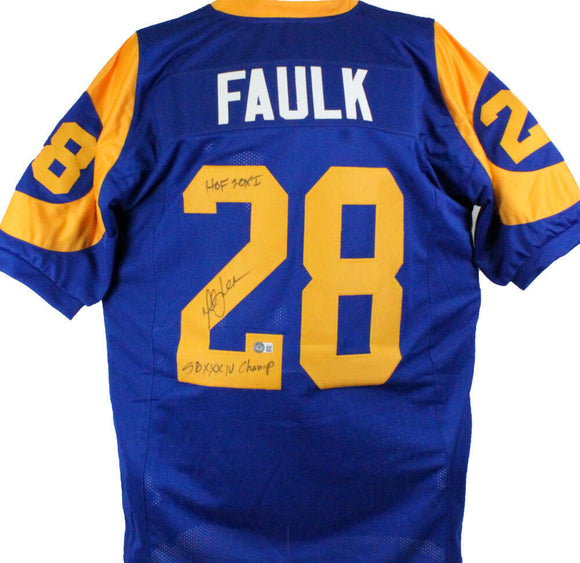 Marshall Faulk Autographed Blue/Yellow Pro Style Jersey w/2 Insc.-Beckett W Holo