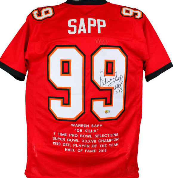 Warren Sapp Autographed Red Pro Style STAT Jersey w/HOF-Beckett W Hologram