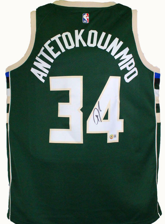 Giannis Antetokounmpo Autographed Mil. Bucks Green Swingman Jersey-BeckettW Holo