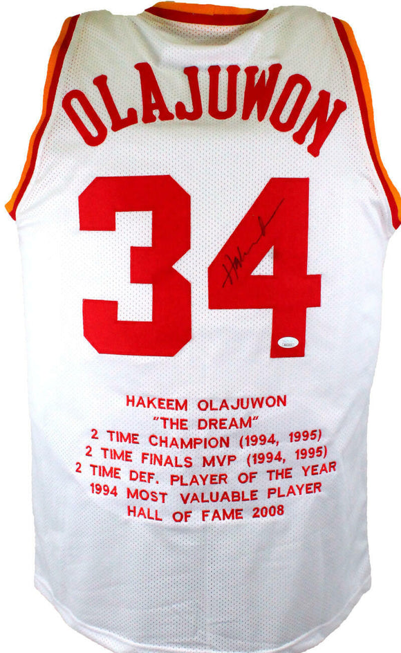 Hakeem Olajuwon Autographed White Stat Pro Jersey- JSA W *Black