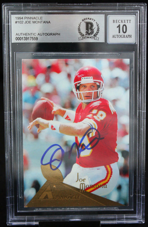 1994 Pinnacle #102 Joe Montana Auto Kansas City Chiefs BAS Autograph 10