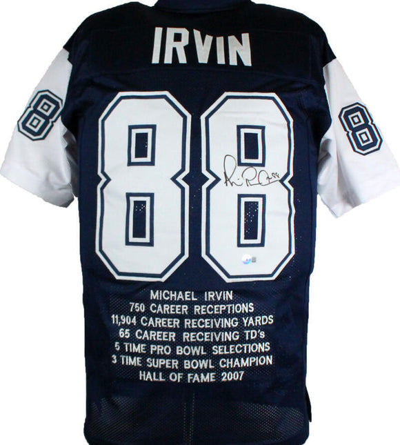 Michael Irvin Autographed Blue/White Pro Style STAT Jersey - Beckett W Hologram