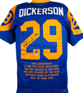 Eric Dickerson Autographed Blue Pro Style STAT Jersey w/ HOF - Beckett W Holo