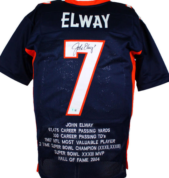 John Elway Autographed Blue Pro Style STAT Jersey *2- Beckett W Hologram *Black