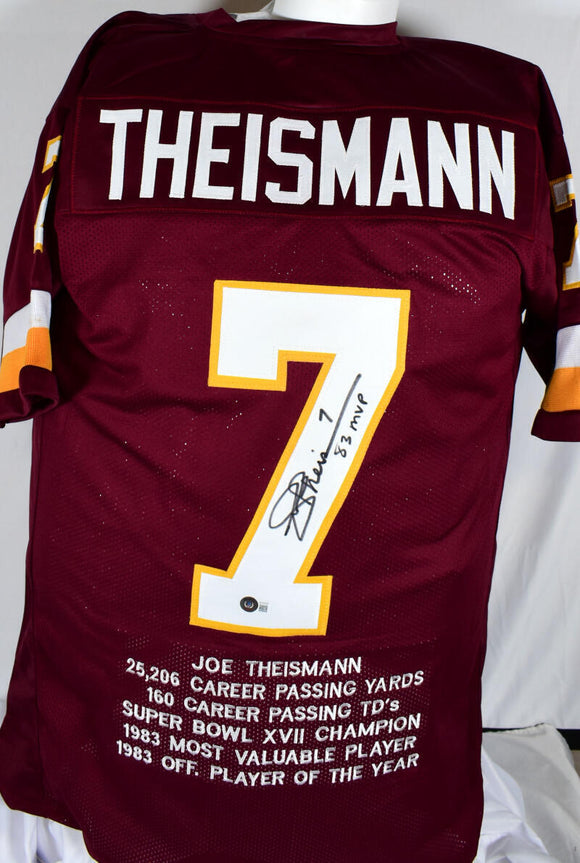 Joe Theismann Autographed Maroon Pro Style Stat Jersey w/ 83 MVP- Beckett W Holo