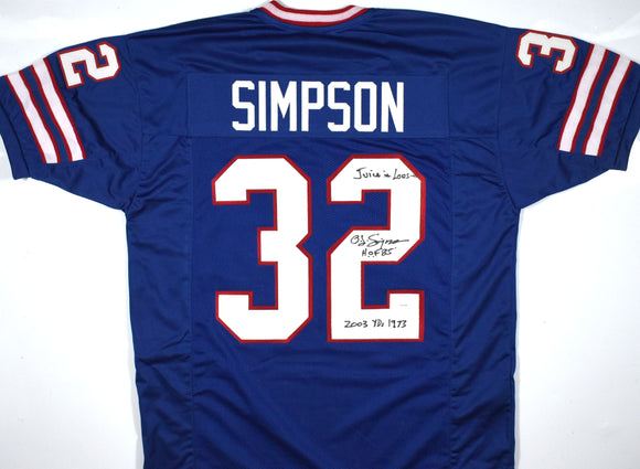 O.J, Simpson Autographed Blue Pro Style Jersey w/ 3 Insc. - JSA W *Black