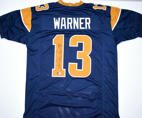 Kurt Warner Autographed Blue/Gold Pro Style Jersey w/HOF -Beckett W Hologram