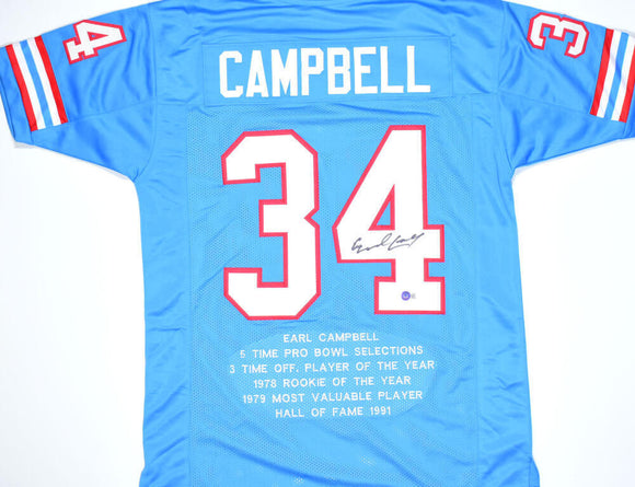 Earl Campbell Autographed Blue Stat Pro Style Jersey- Beckett W Hologram *Black