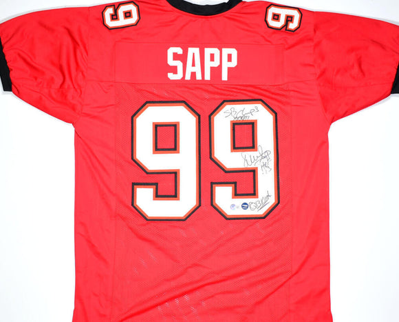 Warren Sapp Autographed Red Pro Style Jersey w/3 Inscriptions -Beckett W Holo