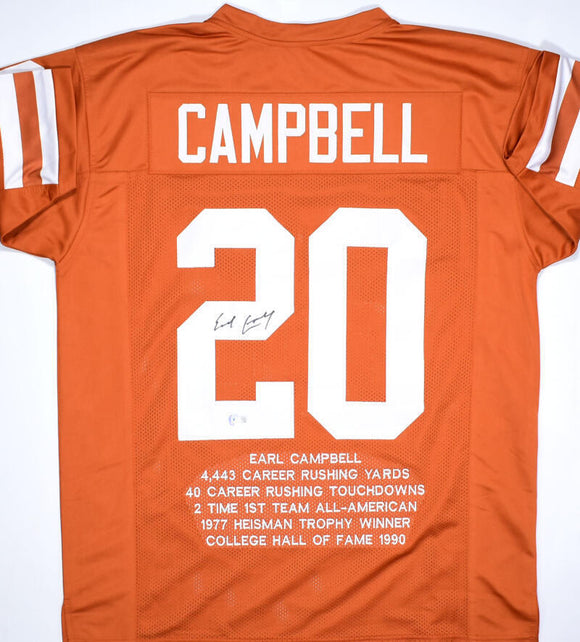 Earl Campbell Autographed Orange College Stat Style Jersey - Beckett W Hologram