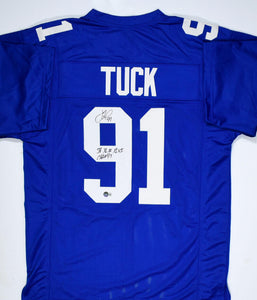 Justin Tuck Autographed Blue Pro Style Jersey w/ SB Champs -Beckett W Hologram