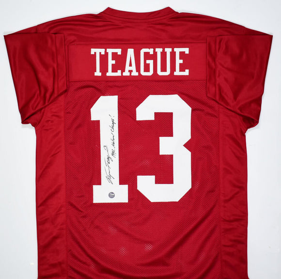 George Teague Autographed Crimson College Style Jersey w/ 92 Champs - Prova