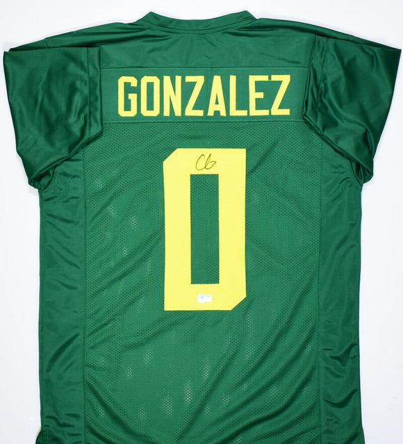 Christian Gonzalez Autographed Green College Style Jersey- Beckett W Hologram