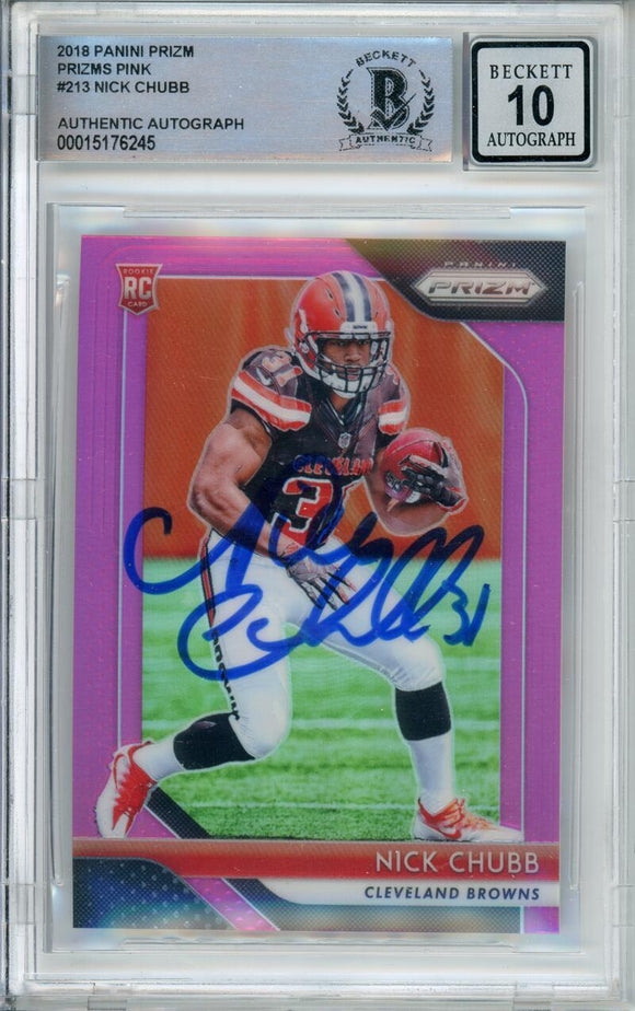 2018 Panini Prizm Pink #213 Nick Chubb RC Cleveland Browns BAS Autograph 10