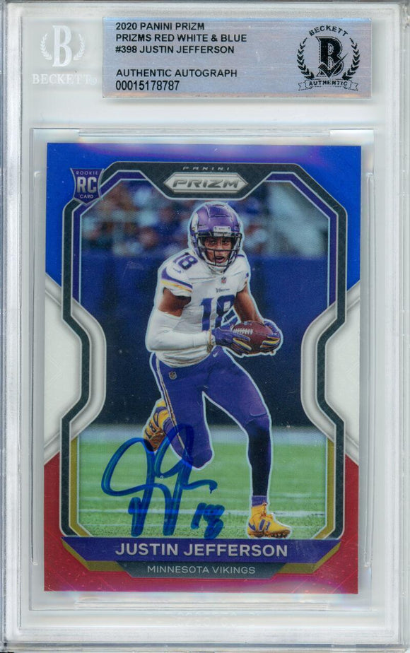 2020 Panini Prizm Red, White & Blue #398 Justin Jefferson RC Vikings BAS Auto 10