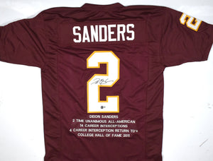 Deion Sanders Autographed Maroon College Style STAT Jersey - Beckett W Hologram