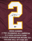 Deion Sanders Autographed Maroon College Style STAT Jersey - Beckett W Hologram