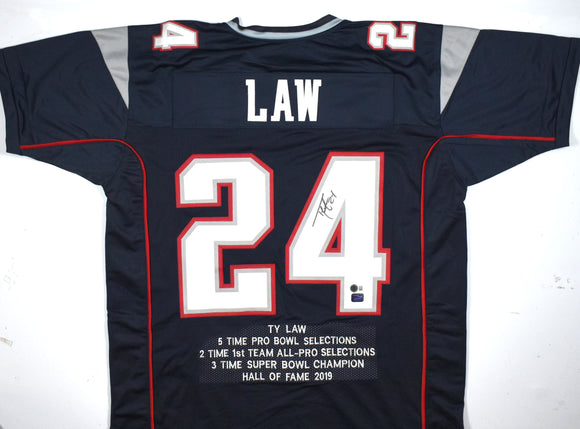 Ty Law Autographed Blue Pro Style STAT Jersey - Beckett W Hologram *Black