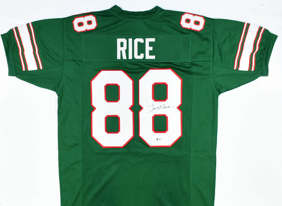 Jerry Rice Autographed Green College Style Jersey - Beckett *Black