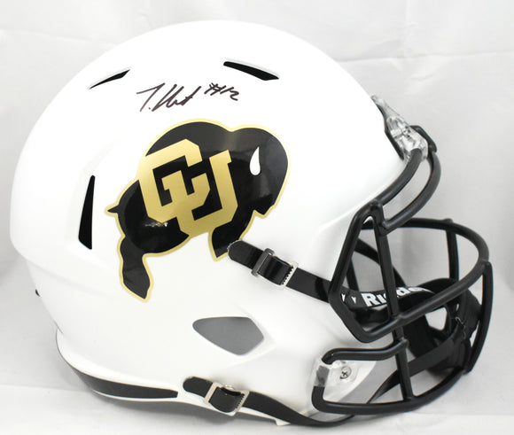 Travis Hunter Signed Colorado Buffaloes F/S White Speed Helmet- Beckett W Holo