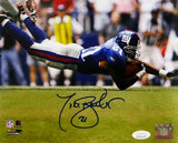 Tiki Barber Autographed New York Giants 8x10 Diving PF Photo- JSA W Auth *Blue