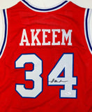 Akeem Olajuwon Autographed Red College Style Jersey- JSA Witnessed Authenticated