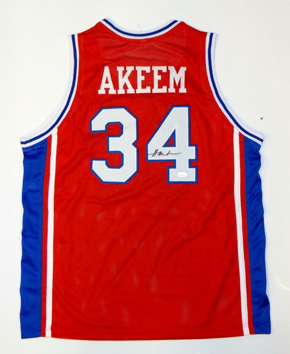 Akeem Olajuwon Autographed Red College Style Jersey- JSA Witnessed Authenticated