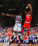 Hakeem Olajuwon Houston Rockets Autographed 16x20 Vs. Ewing Photo- JSA W *Silver