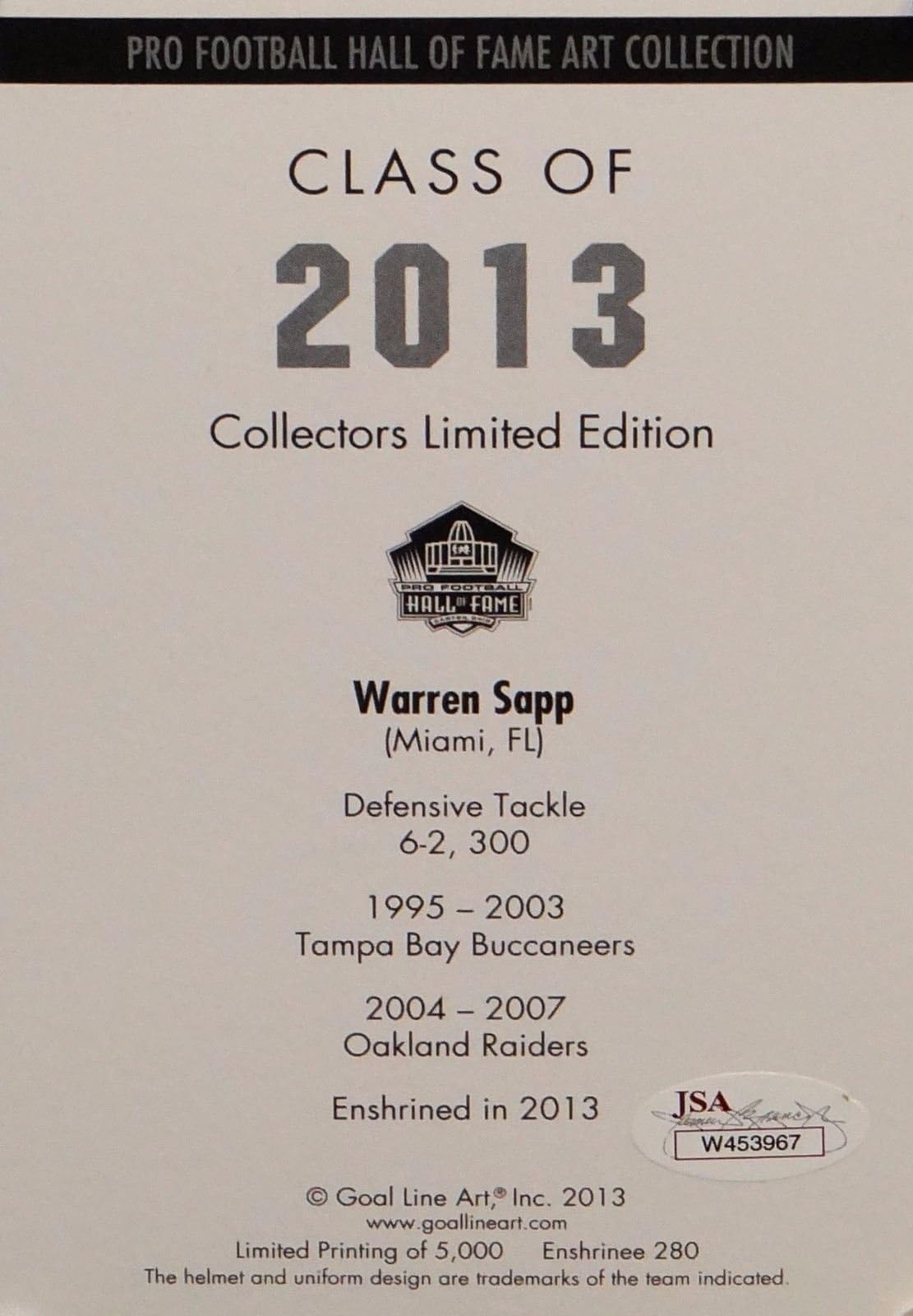 WARREN cheapest SAPP BUCCANEERS RAIDERS HALL OF FAME SIGNED MINI HELMET JSA AUTHENTIC