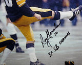 Roy Gerela Autographed Steelers 8x10 Kicking Photo 3x SB Champs inscribed, Jerse