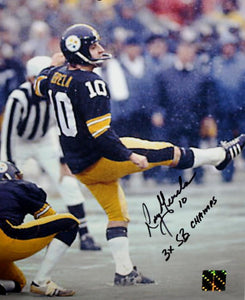 Roy Gerela Autographed Steelers 8x10 Kicking Photo 3x SB Champs inscribed, Jerse