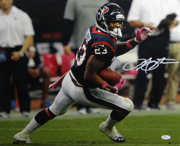 Arian Foster Autographed Texans 16x20 Running w/ Pink Gloves Photo- JSA W Auth