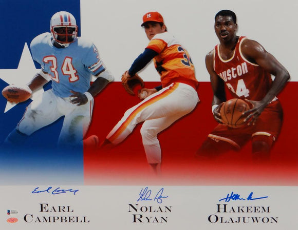 Earl Campbell Nolan Ryan Olajuwon Signed 16x20 Houston Legends Photo- Beckett Au