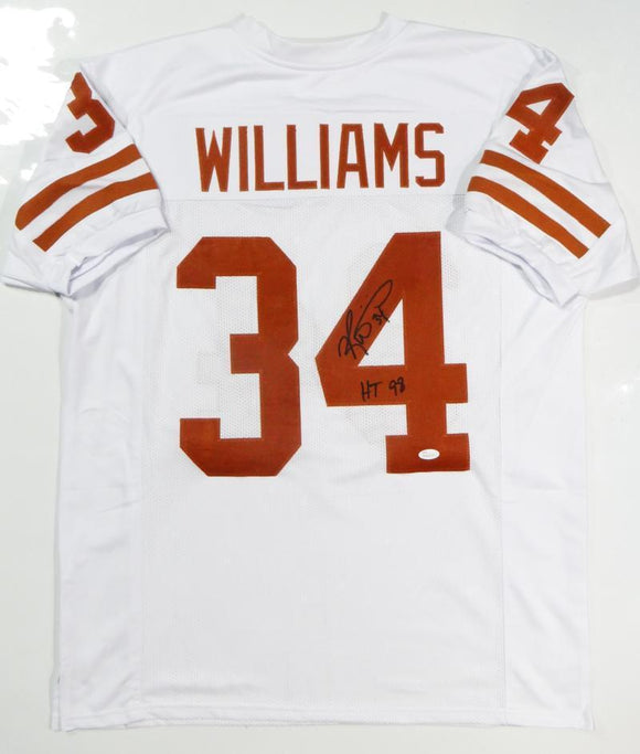 Ricky Williams Autographed White College Jersey W/ HT 98- JSA Witnessed Auth *4