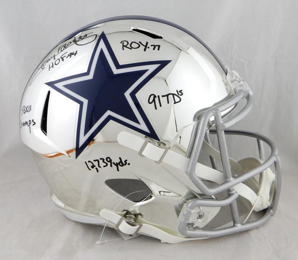 Tony Dorsett Signed Dallas Cowboys F/S Chrome Helmet w/ 5 Insc -JSA W Auth *Blk