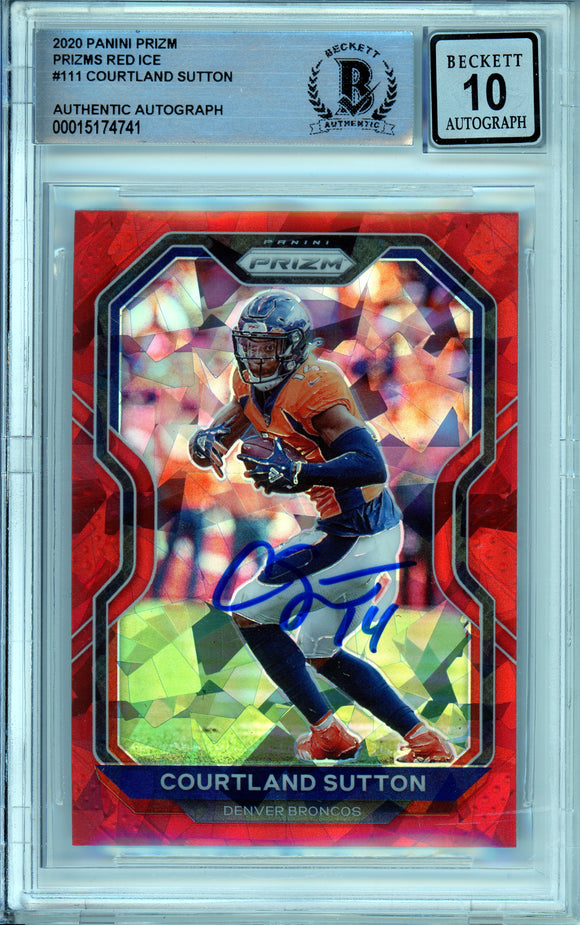 2020 Panini Prizm Red Cracked Ice #111 Courtland Sutton Broncos BAS Autograph 10