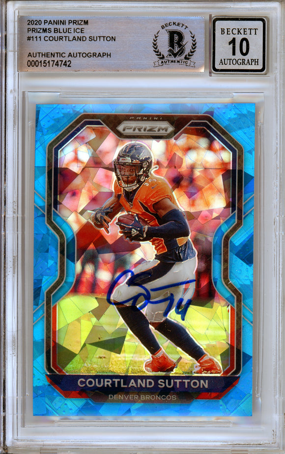 2020 Panini Prizm Blue Cracked Ice #111 Courtland Sutton Denver Broncos BAS Autograph 10