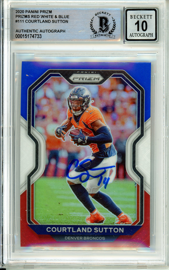 2020 Panini Prizm Red, White, Blue #111 Courtland Sutton Denver Broncos BAS Autograph 10