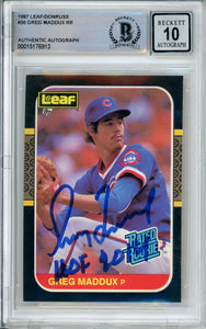 1987 Leaf / Donruss Rated Rookie #36 Greg Maddux CUBS BAS Autograph 10