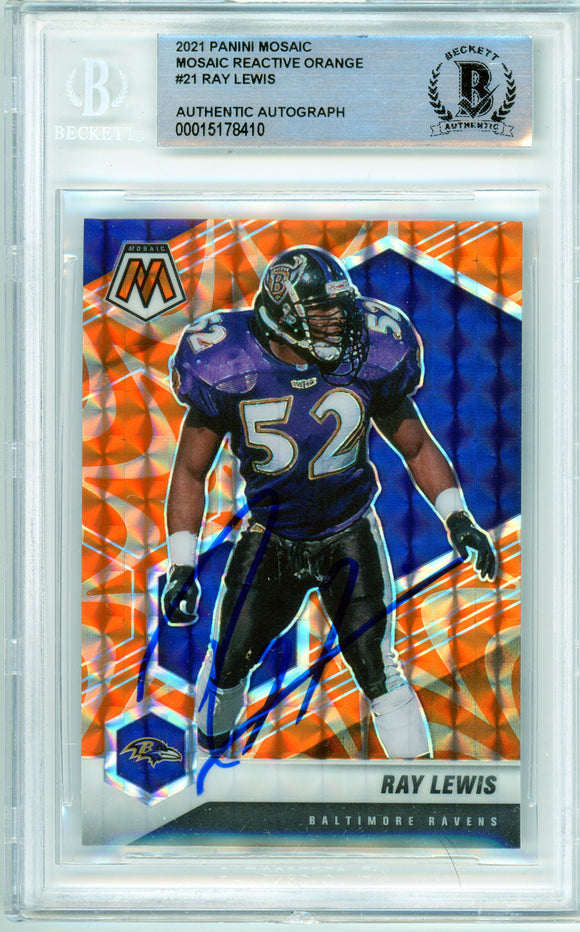 2021 Panini Mosaic Reactive Orange #21 Ray Lewis Ravens BAS Autograph