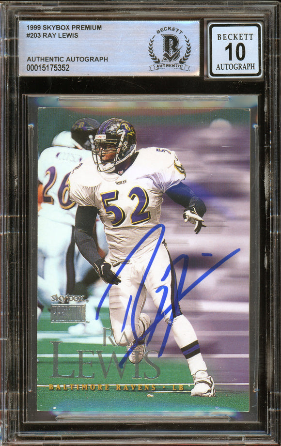 1999 Skybox Premium #203 Ray Lewis Baltimore Ravens BAS Auto 10