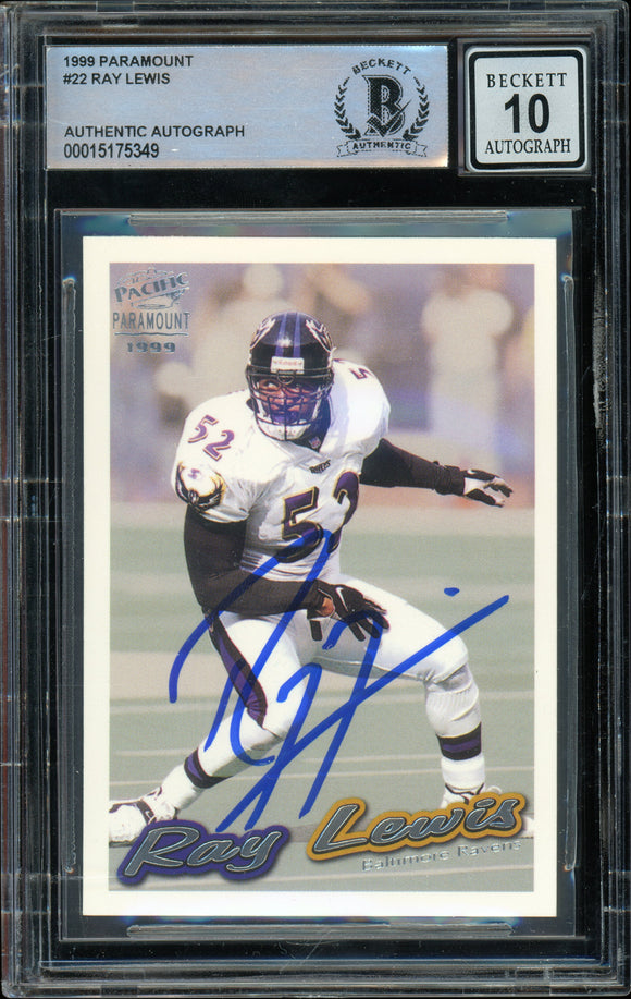 1999 Pacific Paramount #22 Ray Lewis Baltimore Ravens BAS Auto 10