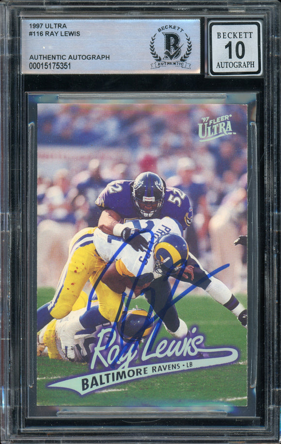 1997 Fleer Ultra #116 Ray Lewis Baltimore Ravens BAS Autograph 10