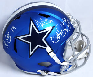 Prescott, Cooper, Elliott Autographed Cowboys Blaze Replica Helmet -Beckett